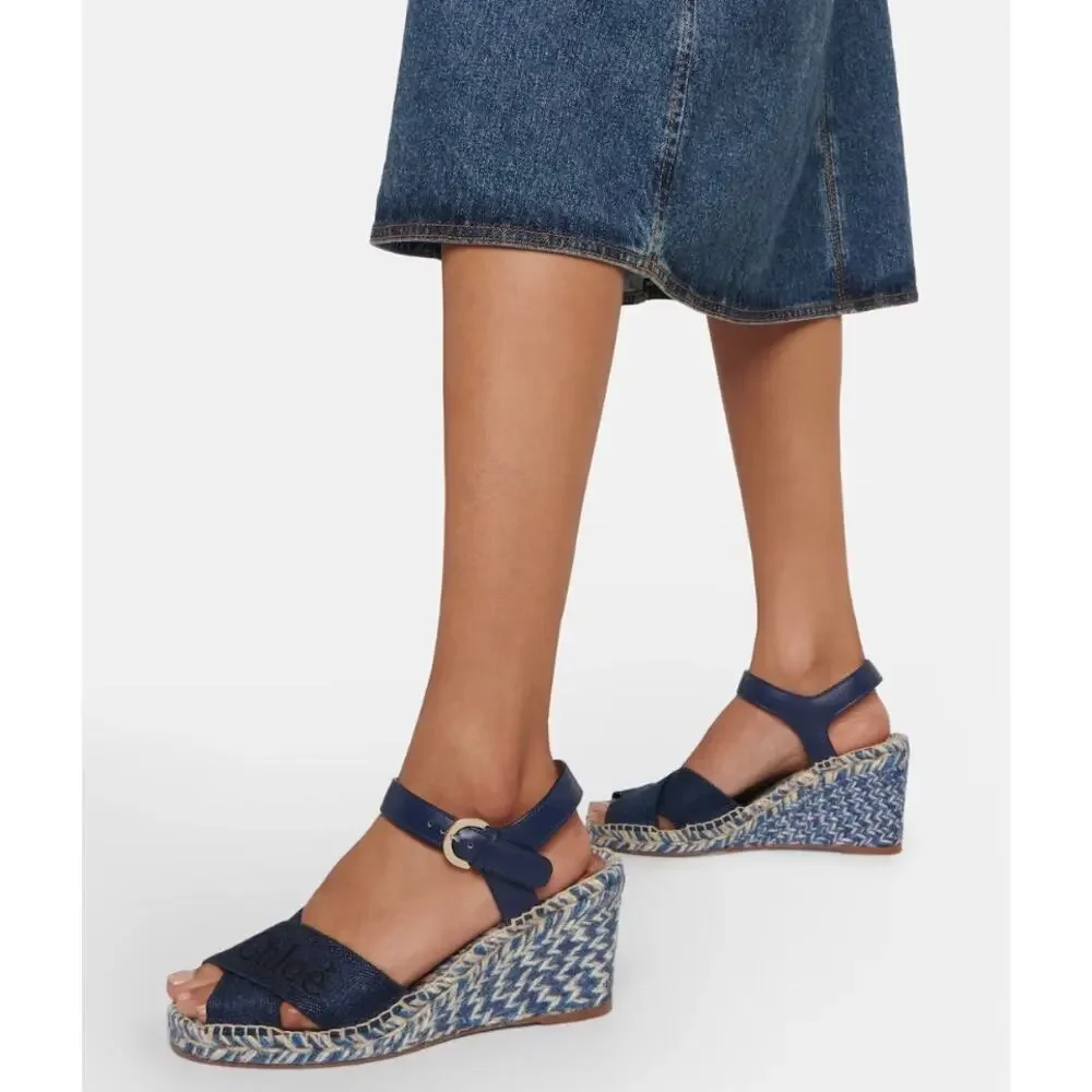 Chloe Piia Denim Logo Espadrille Wedge Sandals with Leather Straps‎ Size 36